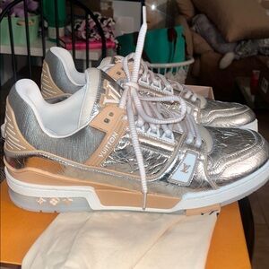 Louis Vuitton Metallic Silver and Beige Sneakers mens sz us 10